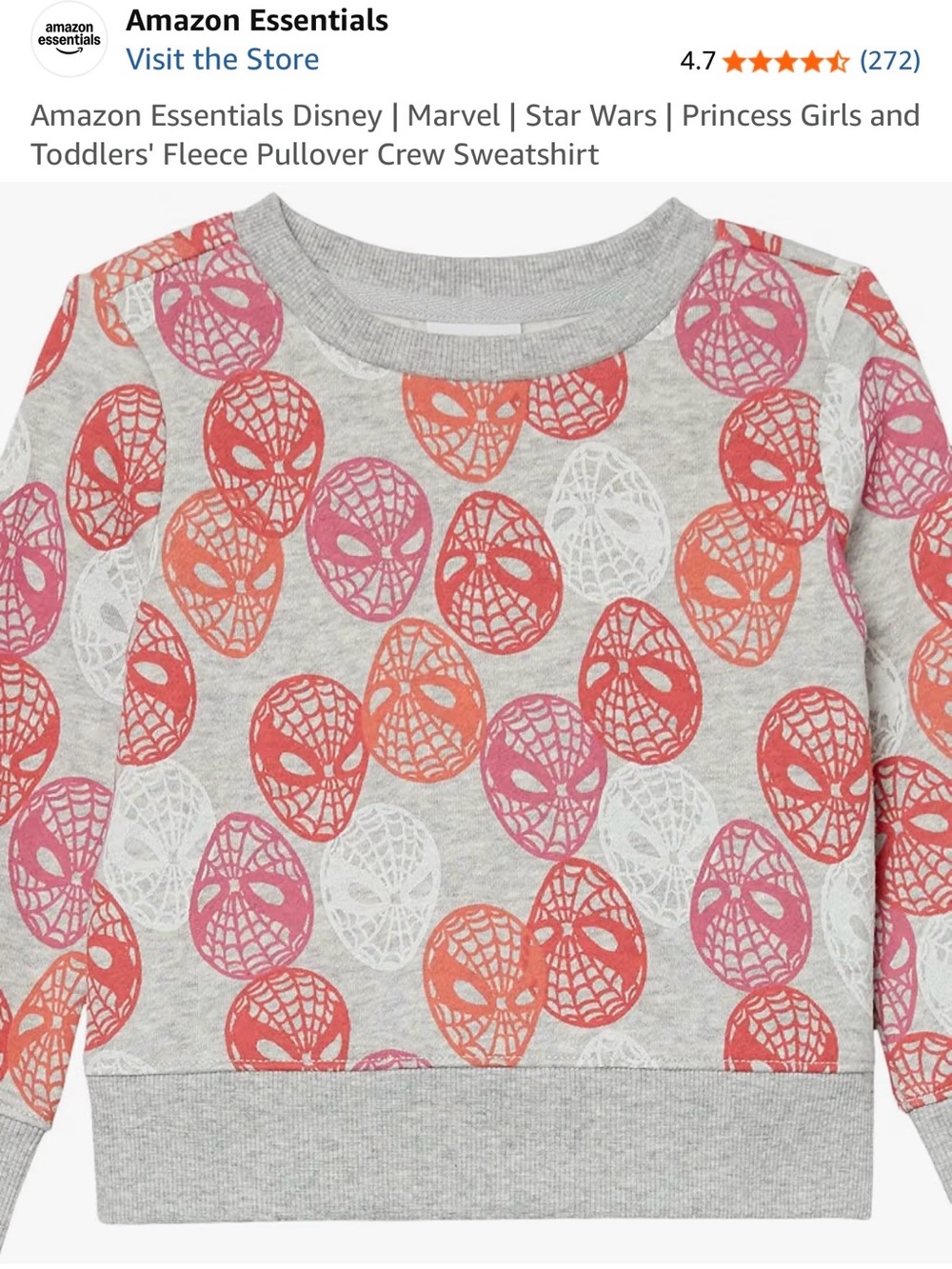 Amazon Essentials Heather Gray Sweatshirt with Pink & Coral Spider Mask Print
